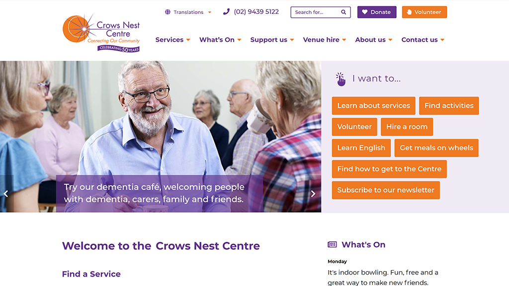 Community centre website redesign - desktop screenshot