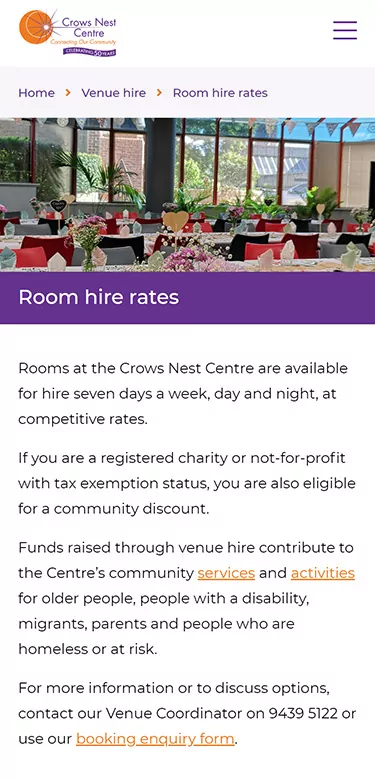 Crows Nest Centre - Community centre website redesign by Code and Visual - mobile screenshot 2
